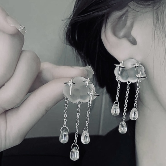 “Starry Rain Clouds” Frosted Glass Star Stellar Cumulus Weather Raindrops Dangle - Picture 4 of 16